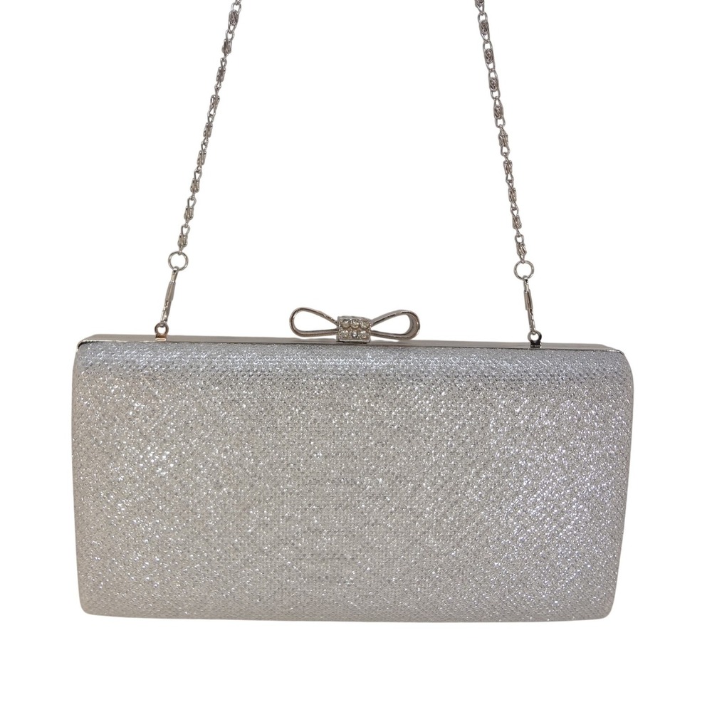 Evening Clutch Shoulder Bag Womens Hardshell Small Silver Glitter Rhinestone Bow